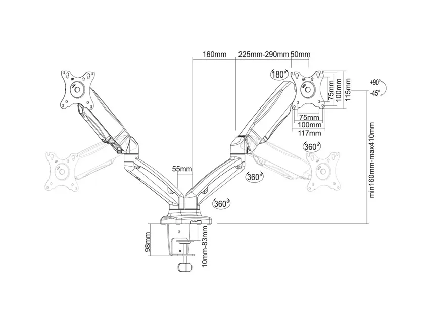 Medidas técnicas de Soporte Ergonómico Doble para Monitor (amortiguación a gas)