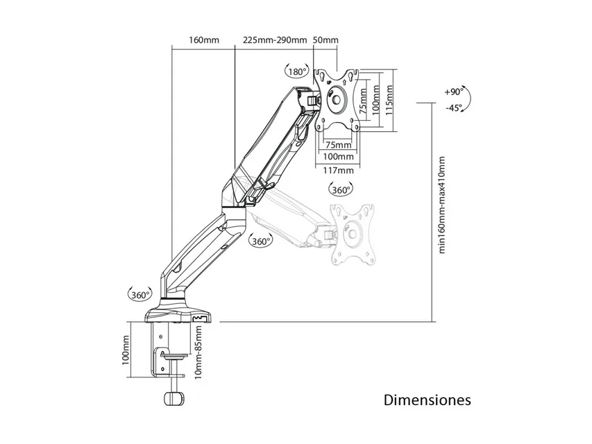 Medidas técnicas de Soporte Ergonómico para Monitor (amortiguación a gas)